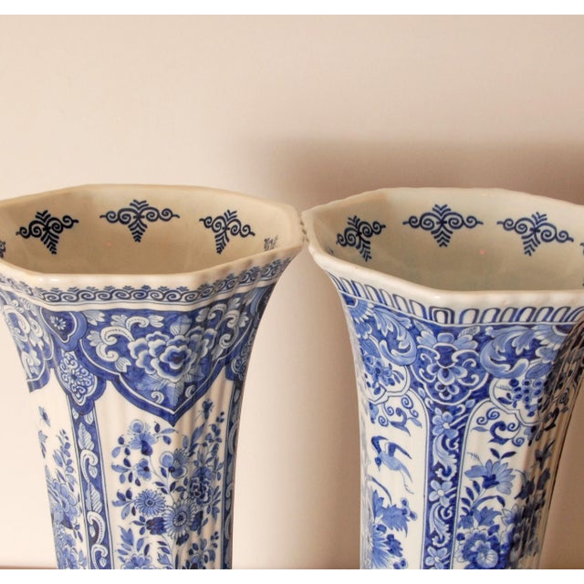 Late 19th Century Antique Pair of Delft Blue & White Trumpet Vases For Sale - Image 5 of 12