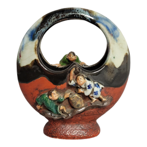 19th/20th Century Japanese Sumida Gawa Pottery Basket Vase in Moon Flask Form