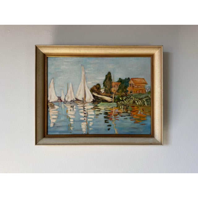 Impressionist 1960's Marie Hendrich Ozon " Yacht Races at Argenteuil " Oil on Canvas Painting After Monet Sold For Sale - Image 3 of 12