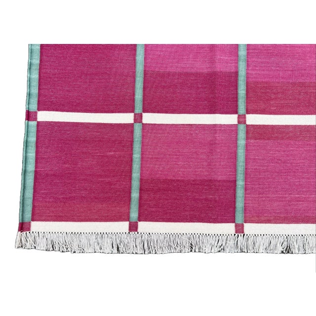 Handmade Cotton Natural Vegetable Dyed Raspberry Pink Cream & Green Windowpane Checked Rug - 10'x14' For Sale - Image 10 of 10