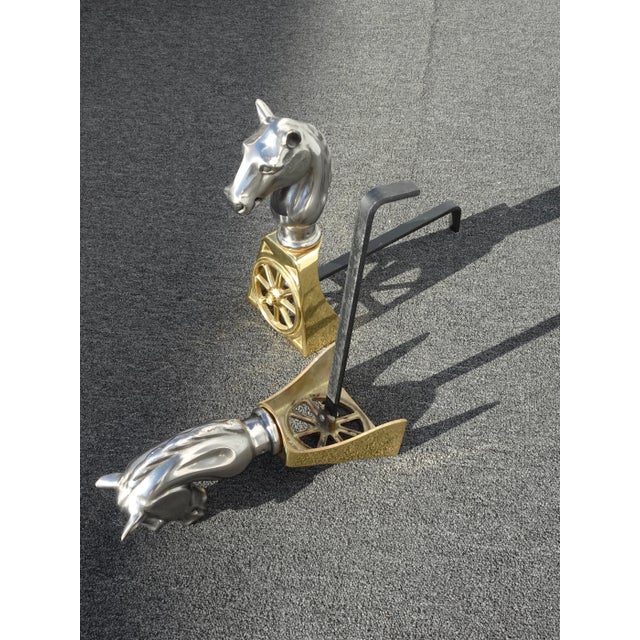 Gold Brass and Silver Cast Iron Horse Equestrian Andirons - a Pair For Sale - Image 12 of 13
