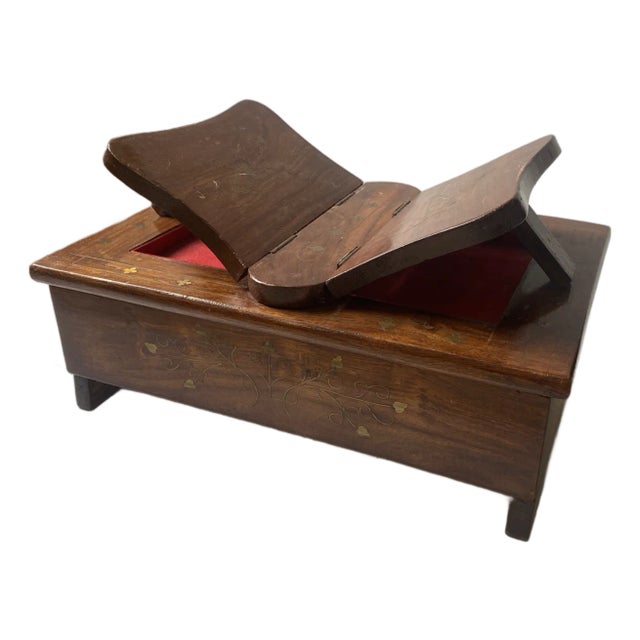 Antique Wood/Brass Inlay Bible Box Floral Print For Sale