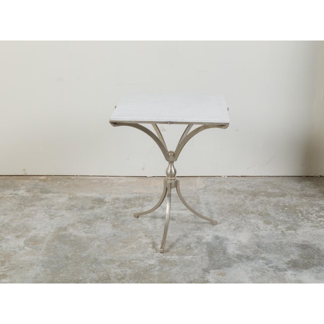 Metal Italian Midcentury Steel Table with White Marble Top and Tripod Base For Sale - Image 7 of 11