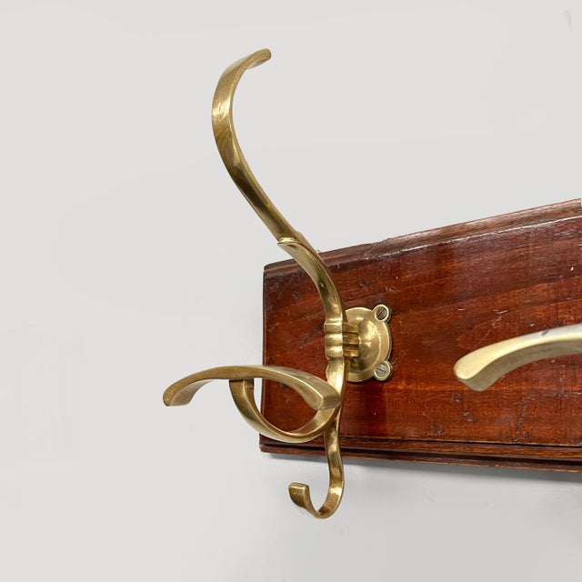 Italian Art Nouveau Wall Coat Rack in Wood and Brass, 1920s For Sale - Image 4 of 11