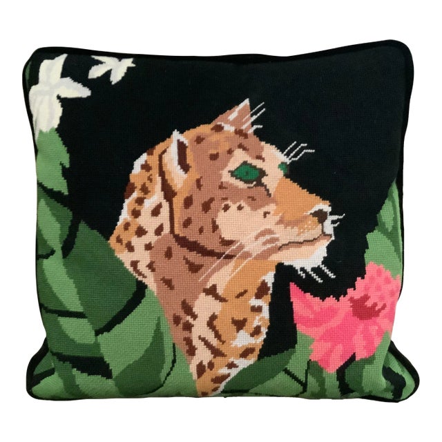 Vintage Cheetah Petit Point Needlepoint Pillow For Sale