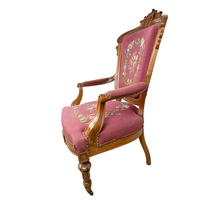 Vintage Renaissance Revival Carved Armchair With Burgundy Floral Upholstery For Sale - Image 12 of 18