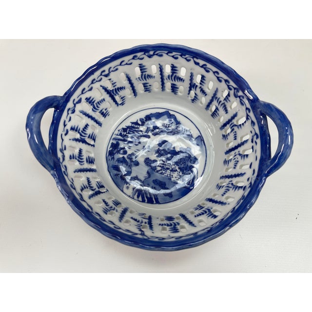 Vintage Chinese Porcelain Blue & White Handled Basket For Sale In Boston - Image 6 of 9