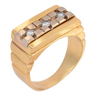 Vintage Diamond 14k Gold Two Tone Tank Ring, Size 7 For Sale