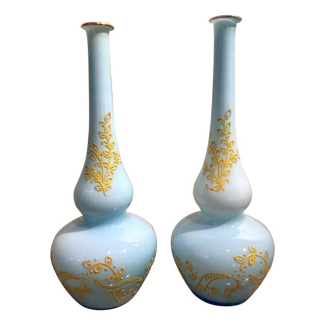 Mid-Century Italian Turquoise Opaline Murano Glass Soliflower Vases, 1960s, Set of 2 For Sale
