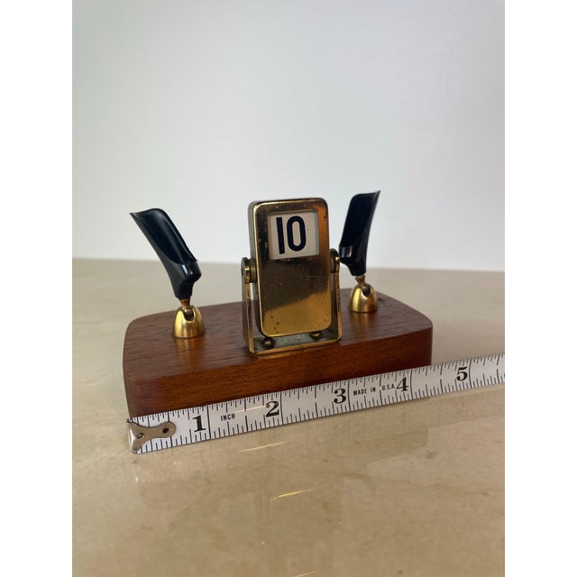 Mid-Century Brass & Walnut Perpetual Calendar Desk Set With Pen Holders For Sale In Seattle - Image 6 of 8