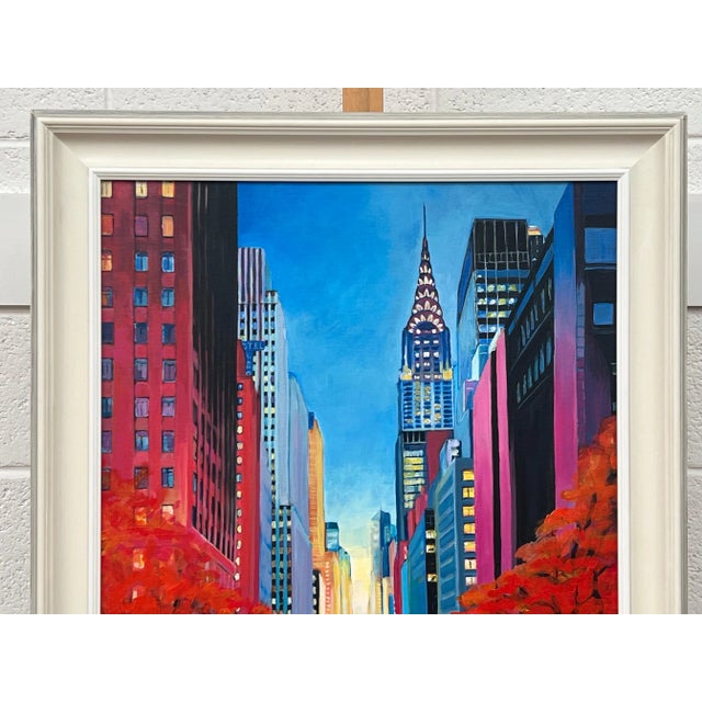 Painting of the Chrysler Building 42nd Street New York City Using Blue Reds Yellows Purples For Sale - Image 9 of 12