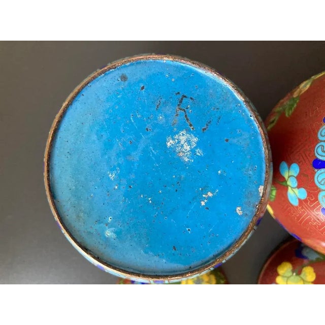 Cloisonne Burgundy Floral Enamel and Brass Ginger Jars, a Pair, Medium For Sale - Image 10 of 18