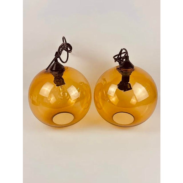 2010s Amber Smoked Glass Globe Pendant Lights - a Pair For Sale - Image 5 of 8