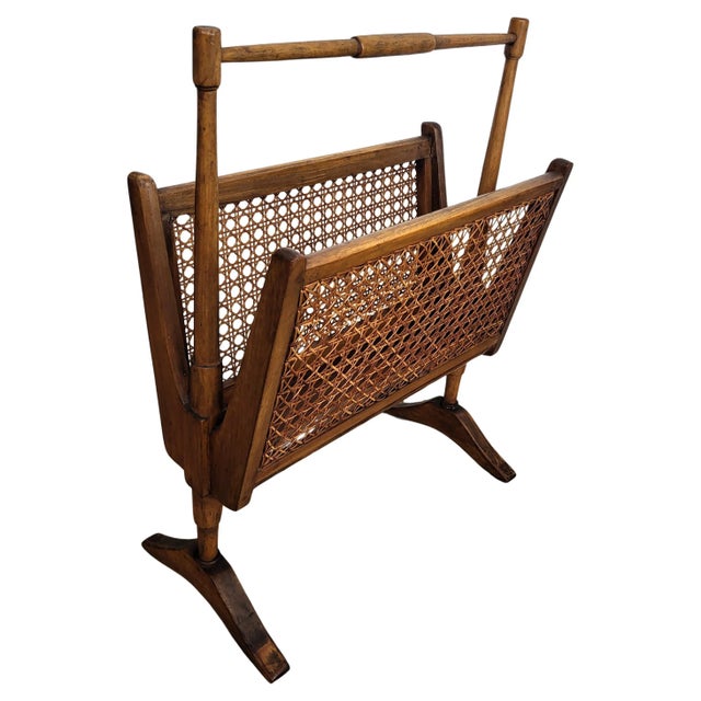 Gold Mid-Century Italian Cane Rattan and Wood Magazine Rack, 1960s For Sale - Image 8 of 8