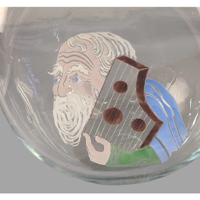 Mid-Century Modern Vintage Judaica Hand Painted Moses Hand Blown Art Glass Pitcher For Sale - Image 3 of 8