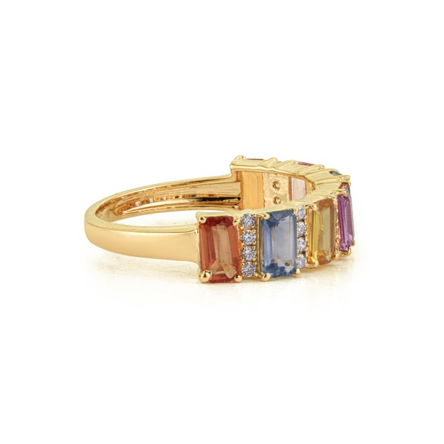 Metal 2.03 Carat Rainbow Sapphire & Diamond 14k Gold Band Ring Size 5 For Sale - Image 7 of 15