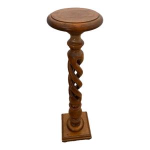 Vintage Plant Stand Tall Table Barley Twist Pedestal Column Round Top Walnut 1a