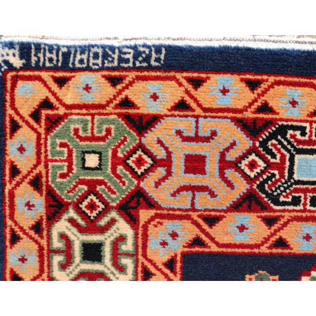 Textile Geometric Vintage Caucasian Rug With Tribal Geometric Medallions in Blue and Red For Sale - Image 7 of 12