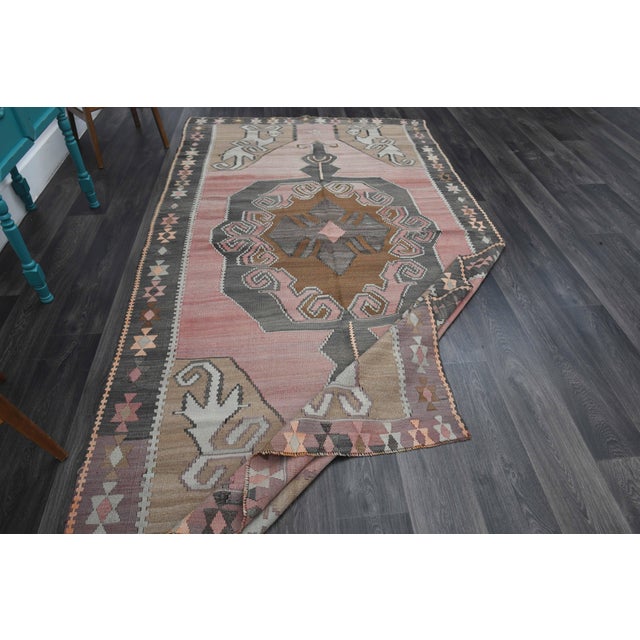 1970s Vintage Handmade Wool Cotton Pink Turkish Area Rug For Sale - Image 9 of 11