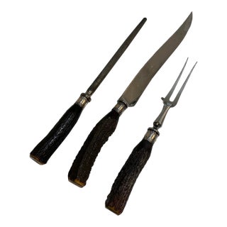 Vintage Stag Antler Carving Set - English Sheffield W/ Sterling Silver Ferrules - 3 PCS For Sale