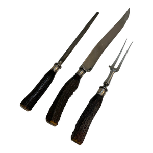 Vintage Stag Antler Carving Set - English Sheffield W/ Sterling Silver Ferrules - 3 PCS