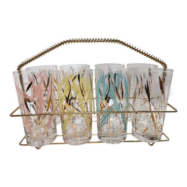 1960s 8 Fred Press m.c.m Highball Glasses in a Brass Caddy For Sale
