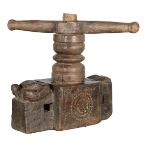 Antique Indian Wooden Hand Noodle Grinder with Carved Ram and Vice Press