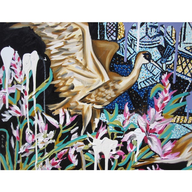 This oil on canvas artwork presents a vibrant interplay of color and form, featuring a dynamic composition of stylized...