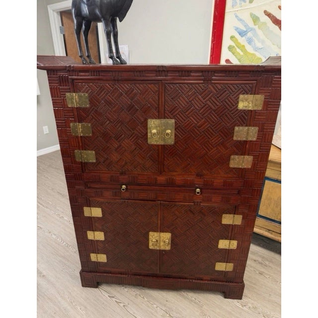 Vintage Maitland and Glascoe Style Chinoiserie Parquet Bamboo Bar Cabinet For Sale - Image 4 of 6
