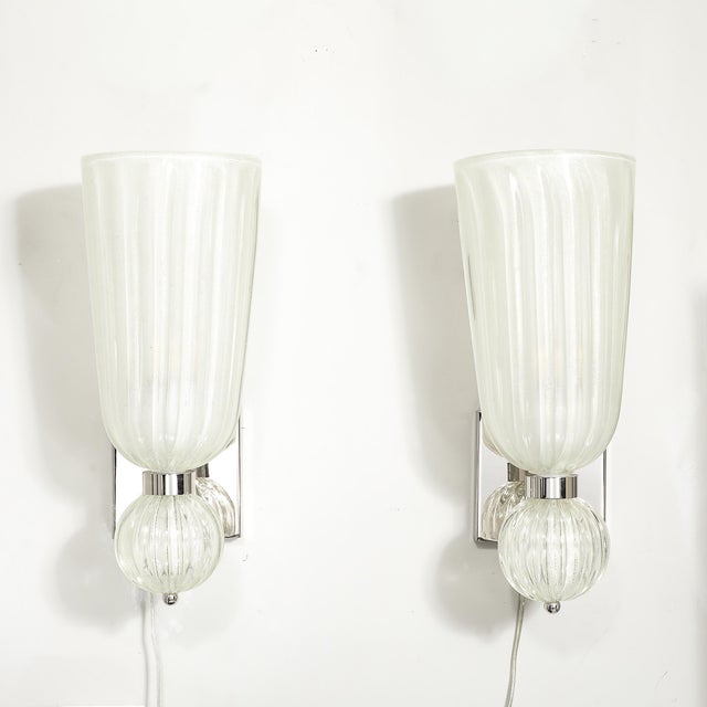 Modernist Hand-Blown Fluted 24k White Gold Fleck Murano Glass & Nickel Sconces For Sale - Image 13 of 13