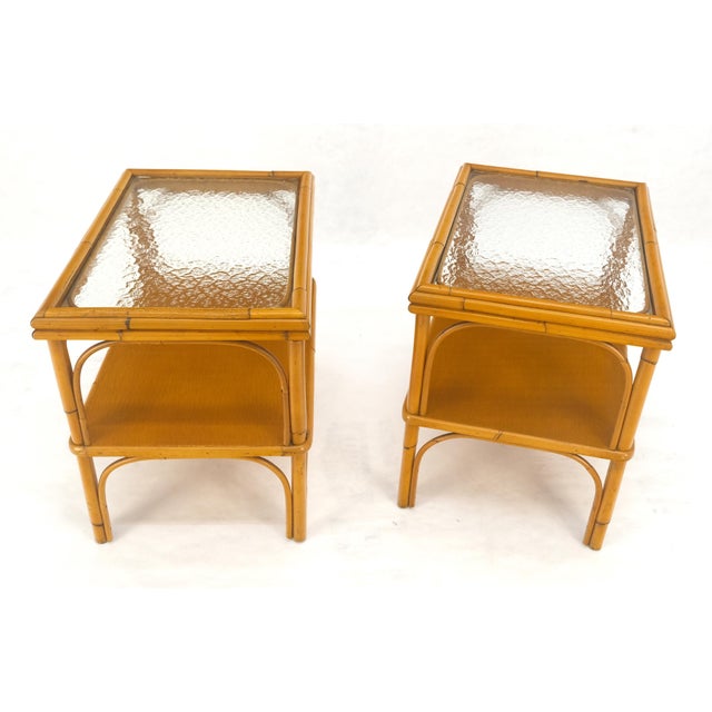 Pair c1970s Bamboo Rattan Two Tier Rippled Glass Top Rectangle End Side Tables
