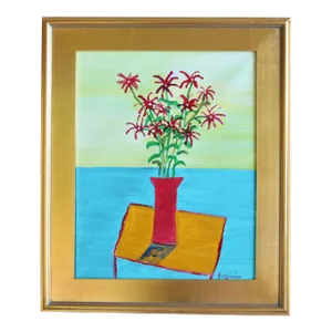 Juan "Pepe" Maldonado Guzman (1948-2022) Listed Artist Bouquet of Flowers in Red Vase Painting W/ Gold Leaf Frame