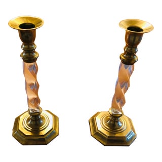 Early 20th Century Pair of Twisted Brass and Lucite Candlesticks For Sale
