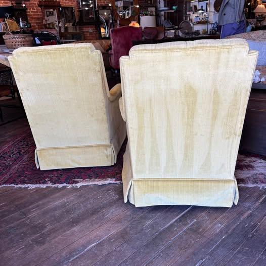 Pair of Mid Century Chartreuse Green Cotton Velvet Swivel Arm Chairs With Tufted Seat Backs Charming pair of Vintage 1970s...