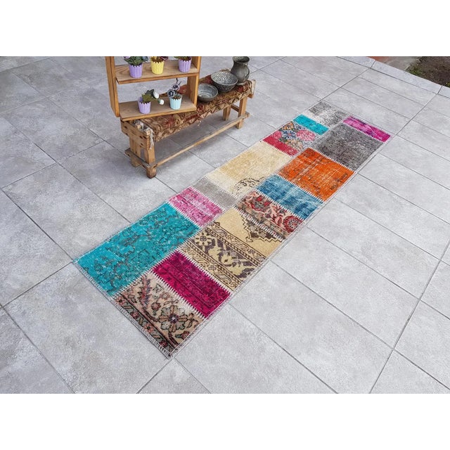 Turquoise Mid 20th Century Bohemian Decorative Turkish Runner Rug For Sale - Image 8 of 10