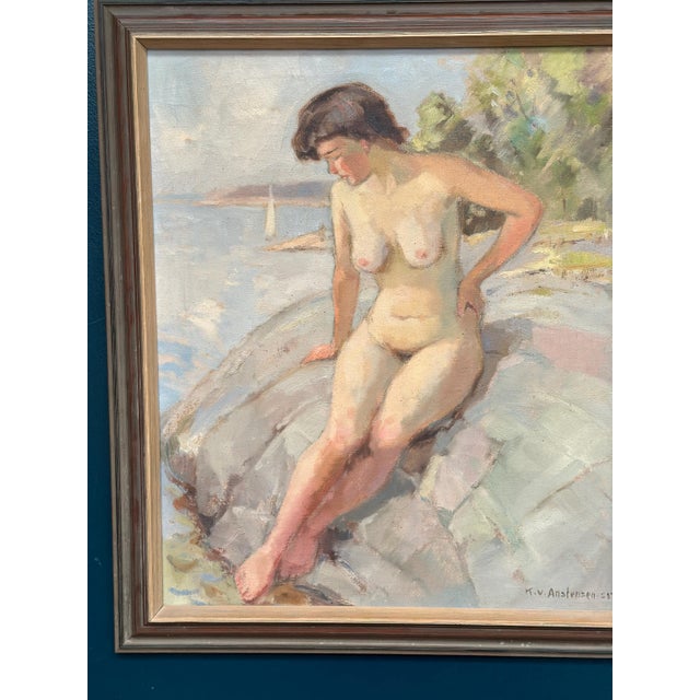 Karl Vilhelm Anstensen, Coastal Scene with Sunbathing Nude Woman, 1957, Oil Painting on Canvas, Framed For Sale - Image 16 of 17