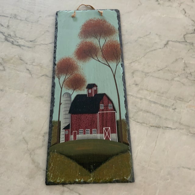Vintage Rustic Hand Painted Slate Wall Hanging Featuring a Red Barn For Sale - Image 4 of 7
