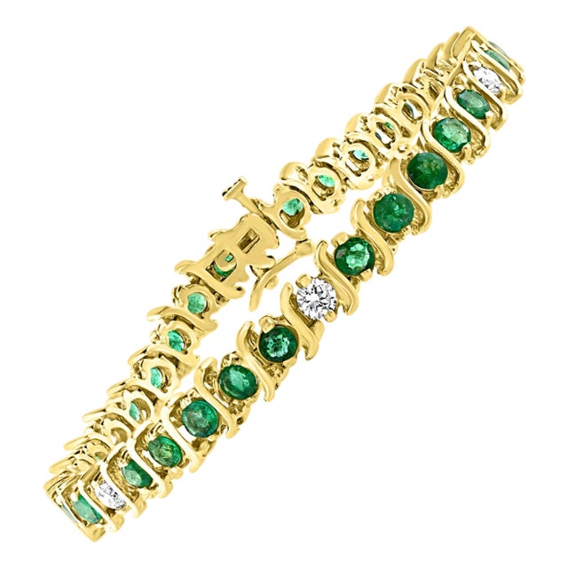 6 Carat Emerald & 1.5 Carat Diamond Tennis Bracelet 14 Karat Yellow Gold S-Shape For Sale