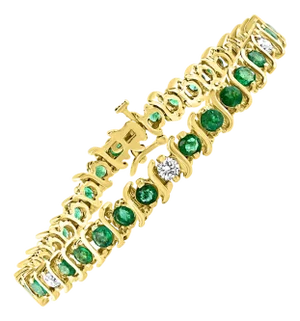 6 Carat Emerald & 1.5 Carat Diamond Tennis Bracelet 14 Karat Yellow Gold S-Shape