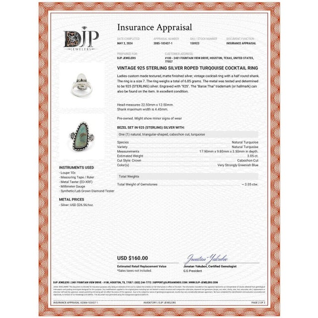 Silver Vintage 925 Sterling Silver Roped Turqouise Cocktail Ring For Sale - Image 8 of 8