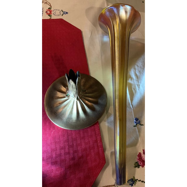 Art Nouveau Antique 18" l.c. Tiffany Favrile Iridescent Trumpet Vase With Tiffany Furnaces Bronze Base For Sale - Image 3 of 12