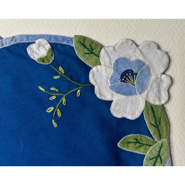 Vintage Set of 6 Royal Blue & White Floral Madeira Cotton Placements For Sale - Image 12 of 15