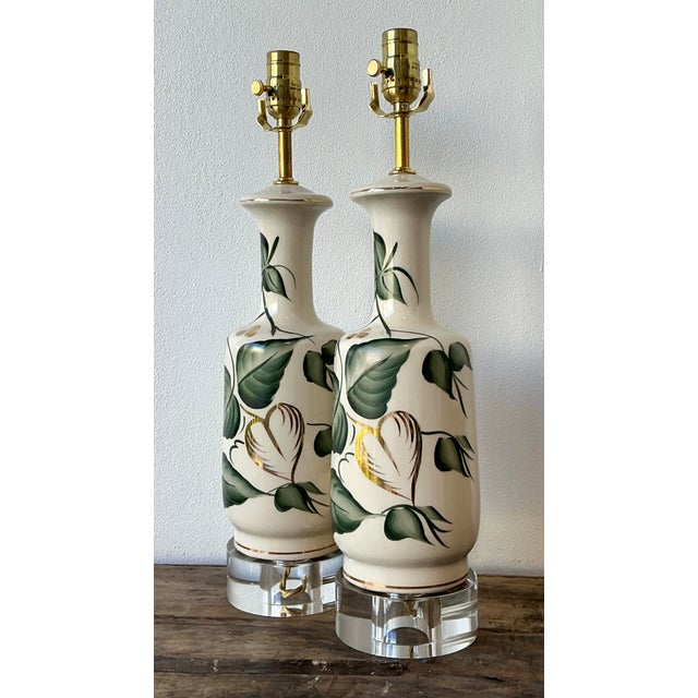 Mid-Century Modern Vintage Glazed Ceramic Ivy Lamps - A Pair For Sale - Image 3 of 12