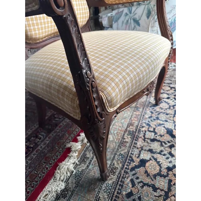 Antique French Louis XV–Style Bergère Chair, Yellow Gingham Upholstery For Sale In New York - Image 6 of 8