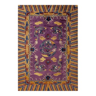 Rare 19th C. Chinese Dragon Ningxia Rug in Moody Purple and Orange C. 1890 (6x9) For Sale