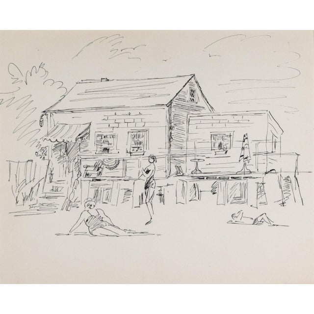 Mid-Century Modern Mid Century Pen & Ink Drawing of Sunbathers in Provincetown by Emile Walker 1960s For Sale - Image 3 of 5