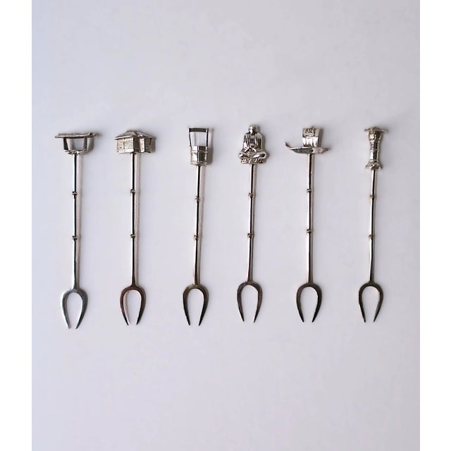 Beautiful and detailed Japanese sterling silver cocktail or appetizer fork picks by Asahi Shoten, Yokohama, Japan. circa...