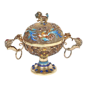 Chinese Gilded Sterling Silver Filagree Jeweled Enamel Censer Incense Burner