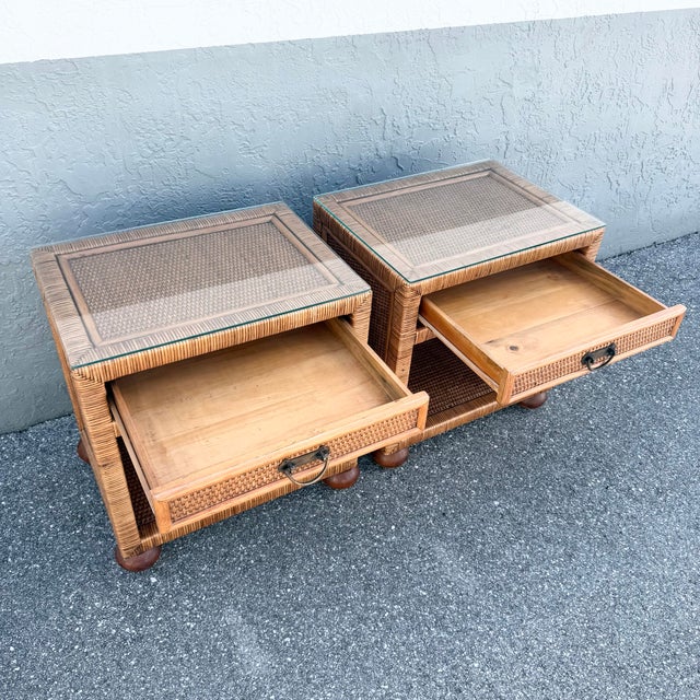 Boho Chic Boho Chic Wicker Glass Top Nightstands - A Pair For Sale - Image 3 of 9