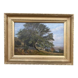 Antique Oil Painting Landscape by Maxwell 1885 Trees Water Mountains Gold Frame For Sale
